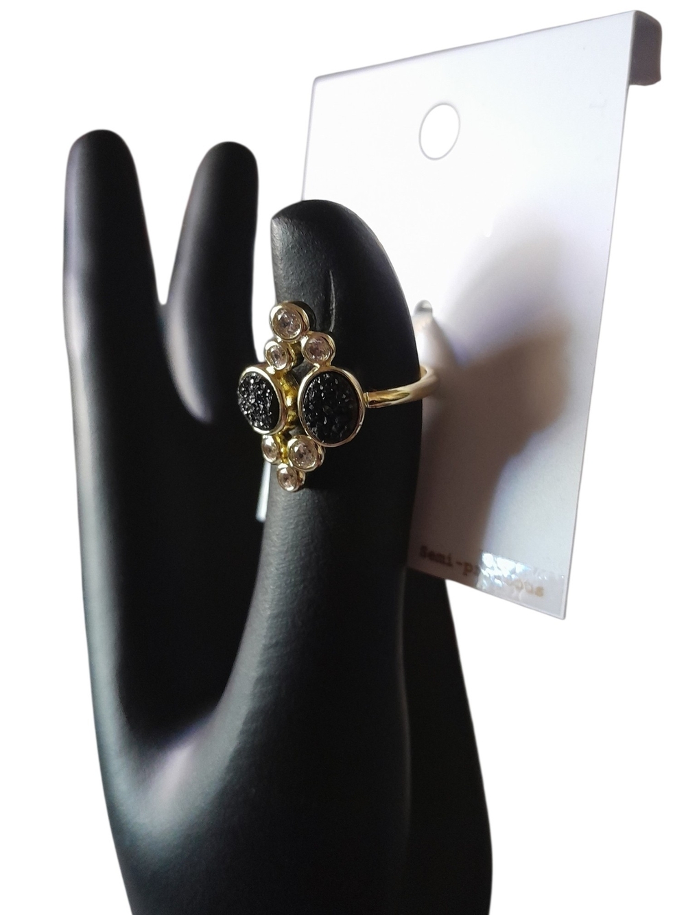 Covet Black Druzy Quartz Gold Cluster Statement Cocktail Ring Raw Mineral Size 7 - Picture 5 of 6